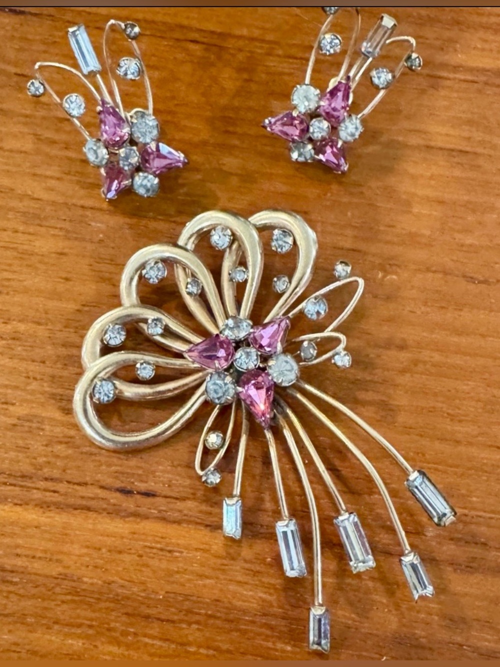 Vintage M & S Brooch & Earrings Set—1/20 12k Gold Filled, Pink/Clear Rhinestones